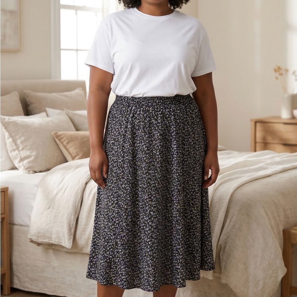 White Stag Black Floral Smocked-Waist Midi Skirt
